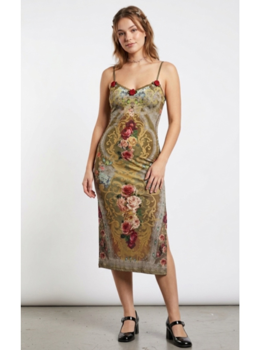 ROMWE Slip Dress Trompe-L'œil Floral Print Victorian Grunge Bodycon Midi XS/Sm